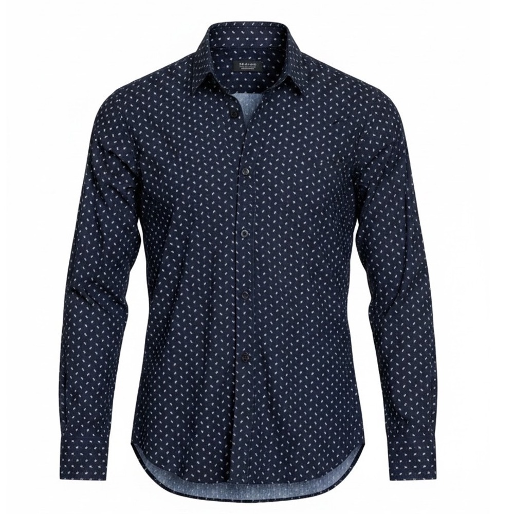 Zara Man Navy Blue Micro Paisley Dot Print Long Sleeve Button Down Shirt Size M